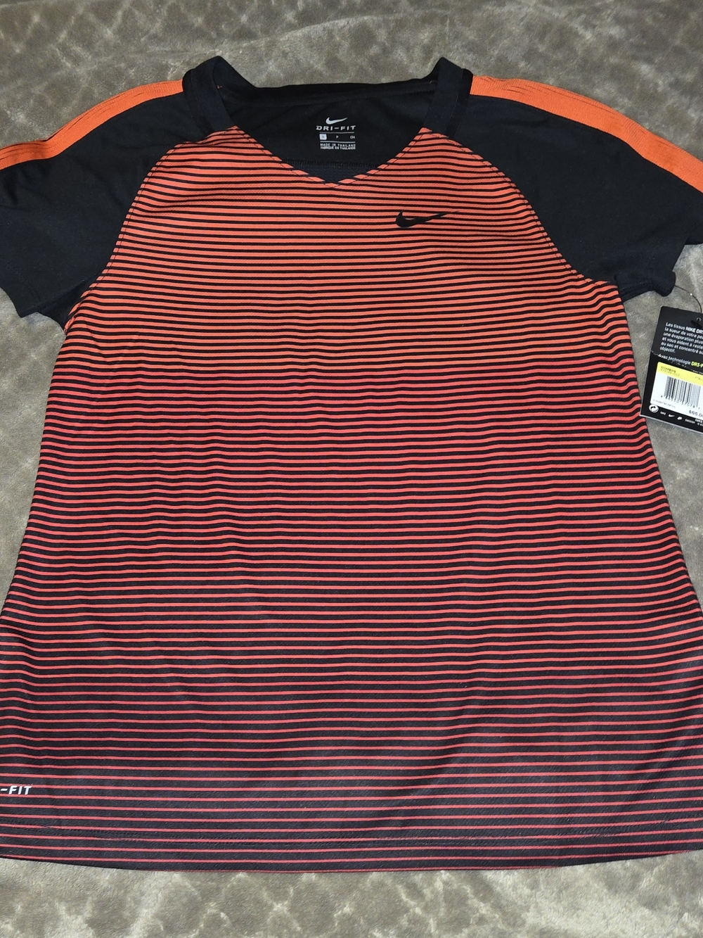 Nike Women's Black and Orange Striped Dri-FIT Jersey